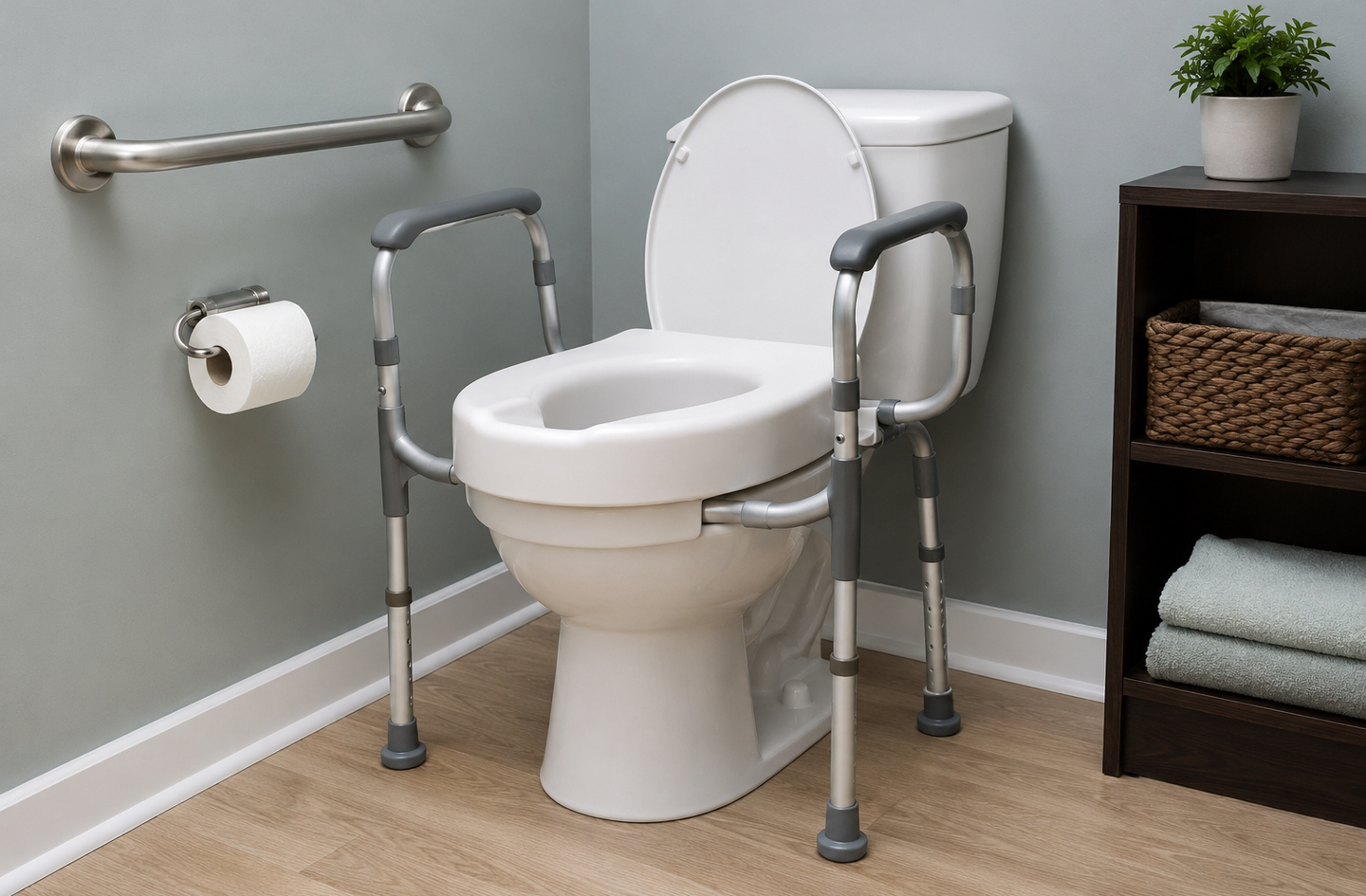 Toilet safety rails and raised seat paired on an adjustable aluminum frame showing combined height elevation and bilateral grip handles for sit-to-stand support