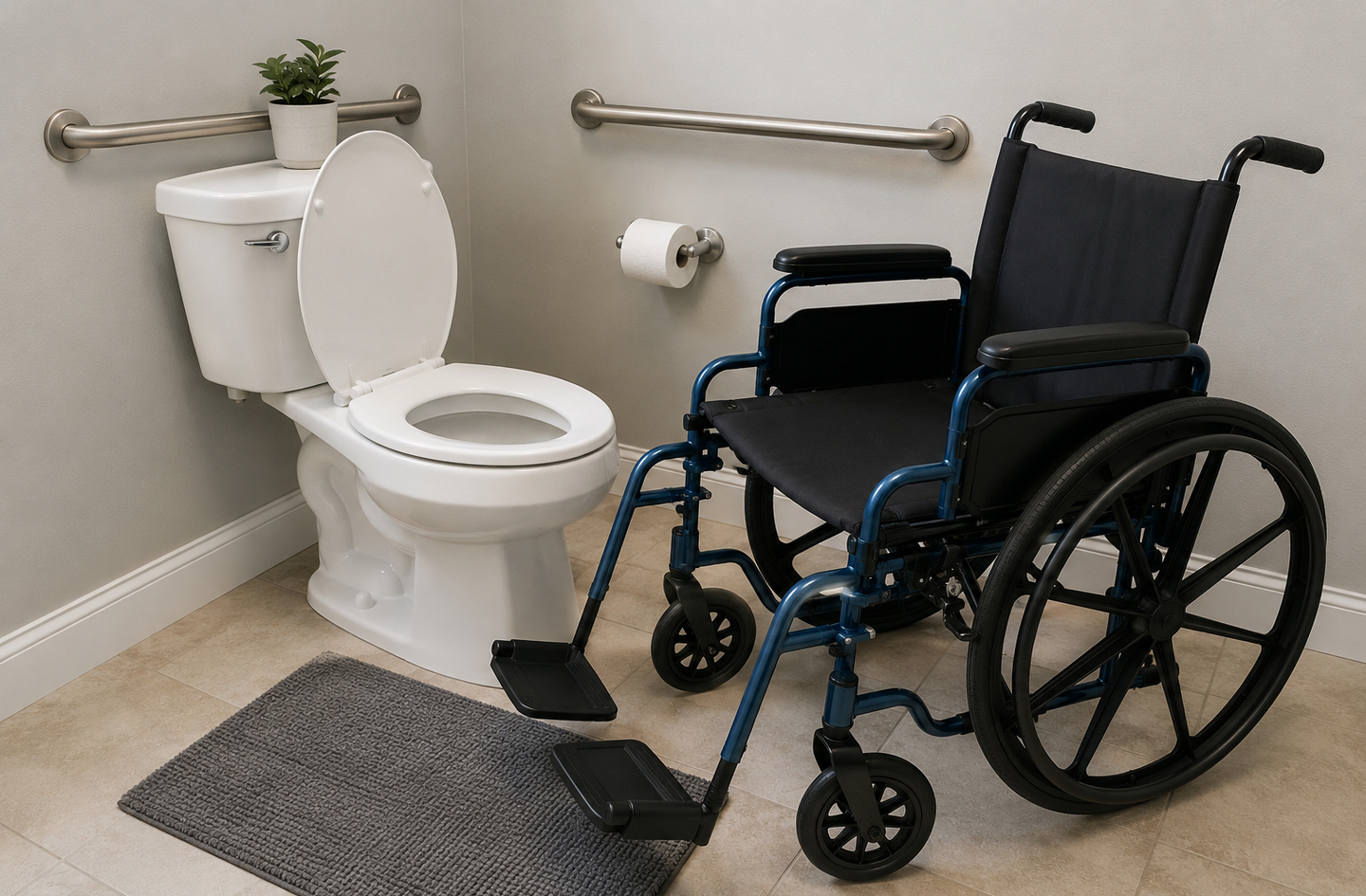 Accessible bathroom showing comfort height toilet vs standard height setup with wheelchair positioned for safe lateral transfer and grab bars on the wall