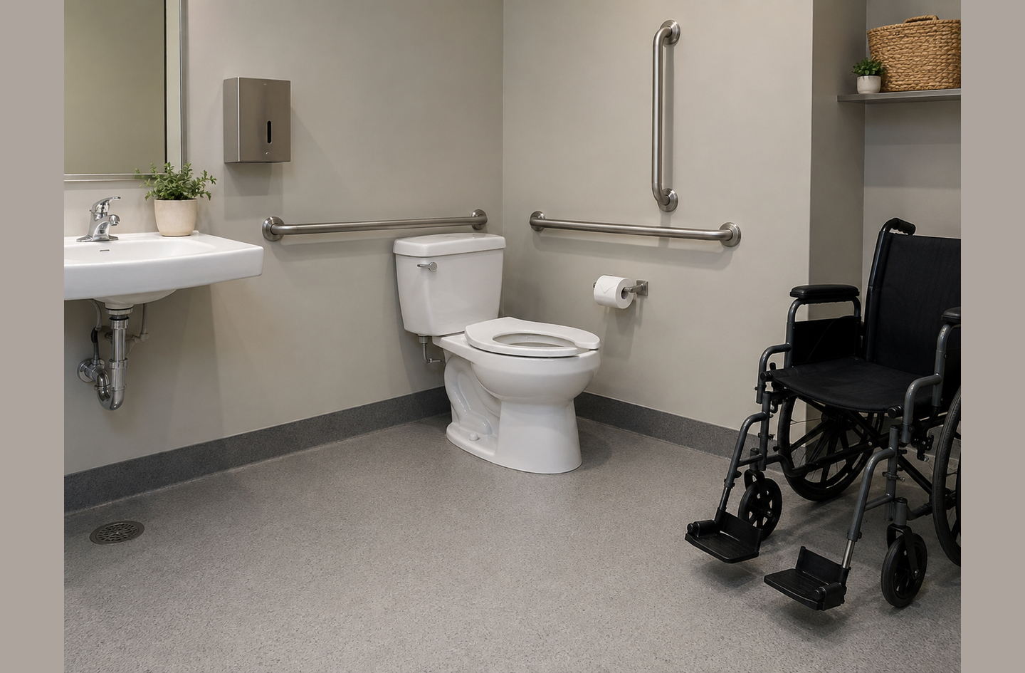 ADA-compliant toilet with horizontal and vertical stainless steel grab bars and wheelchair nearby showing wheelchair lateral transfer setup