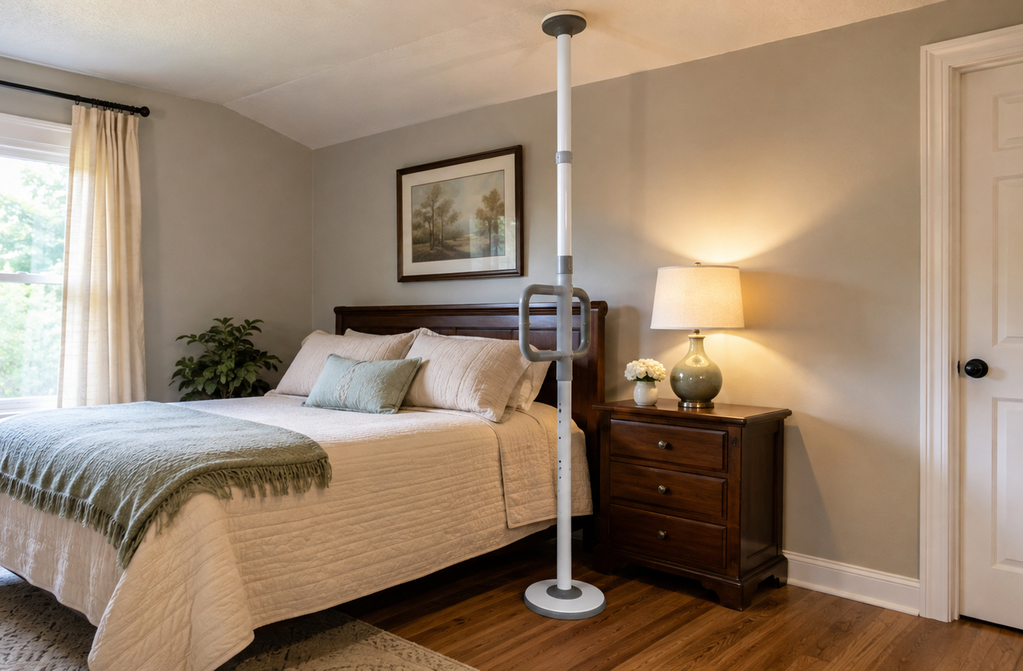 A tension-mounted floor-to-ceiling transfer pole positioned 6 to 12 inches from the mattress edge, showing correct lateral placement for a bedside sit-to-stand transfer