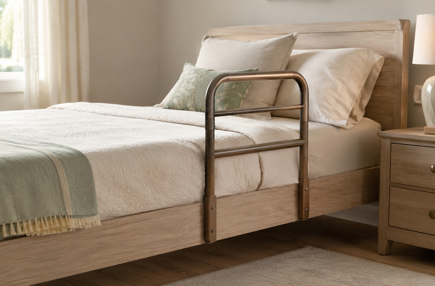 A metal safety rail attached to the side of a wooden bed frame with light bedding, installed beside the pillow zone as a bed rail for the elderly
