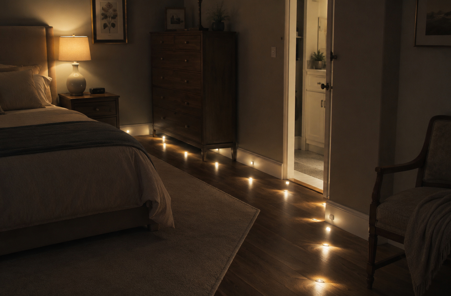 Warm floor-level LED lights guide a path from the side of a bed toward an open bathroom doorway in a dimly lit bedroom, showing effective nighttime lighting for senior bedroom navigation