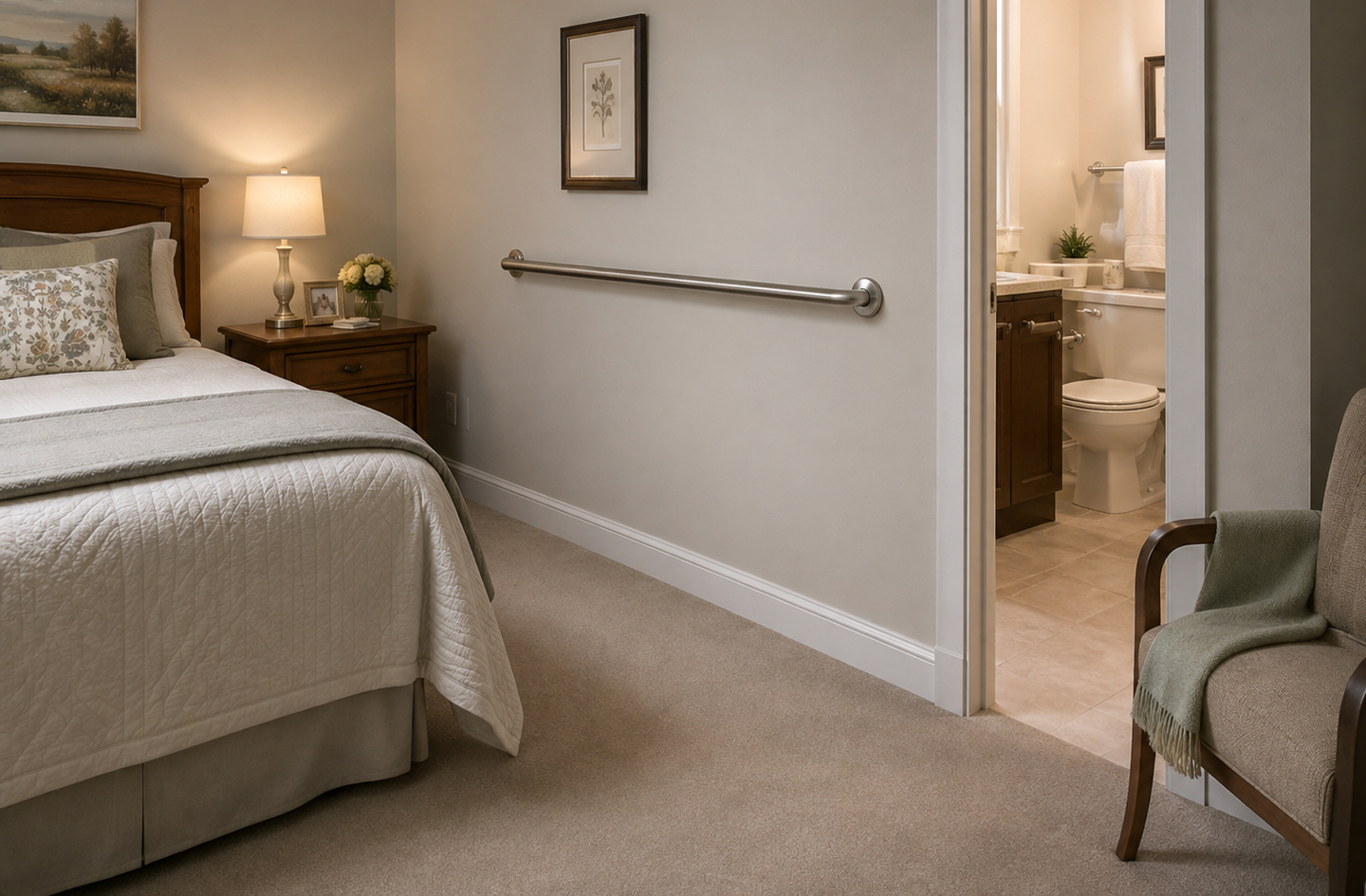 Wall-mounted safety grab bar near a bathroom doorway, illustrating how support points reduce toilet transfer risk