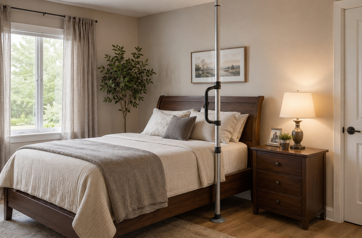 A floor to ceiling grab bar support pole installed beside a bed in a softly lit bedroom, showing a vertical pole with a horizontal grab handle