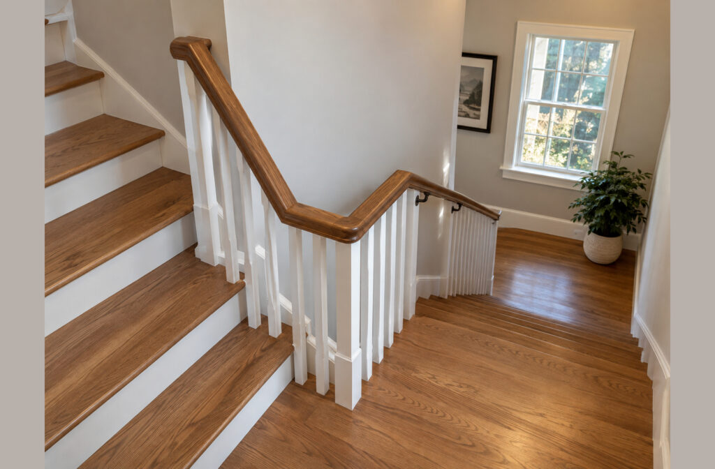 Senior safety handrails on a residential staircase: wooden handrail on white balusters and a secondary wall-mounted rail providing dual support