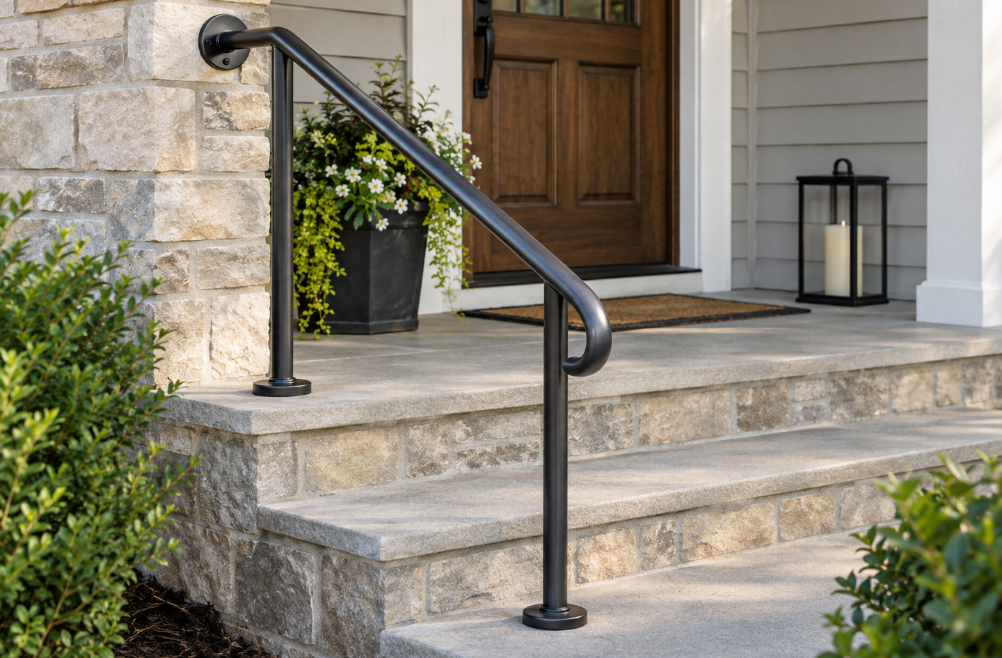 Home safety for the elderly: a black metal wall-mounted handrail alongside concrete front porch steps at a residential entrance