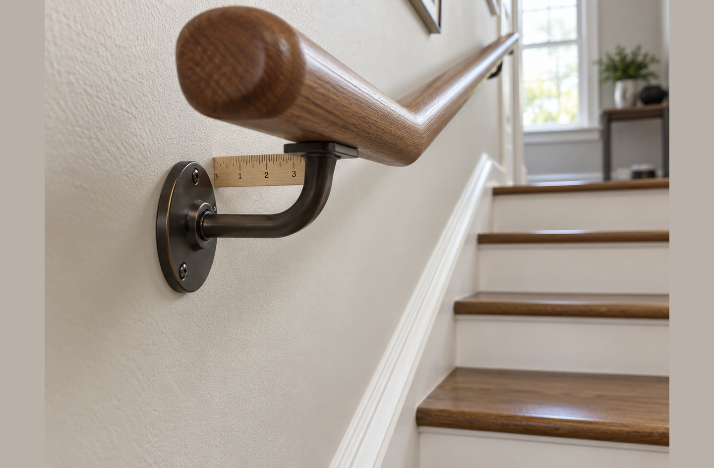 A wooden stair handrail bracket showing the clearance gap between the rail and the wall, with a small ruler demonstrating the required spacing distance