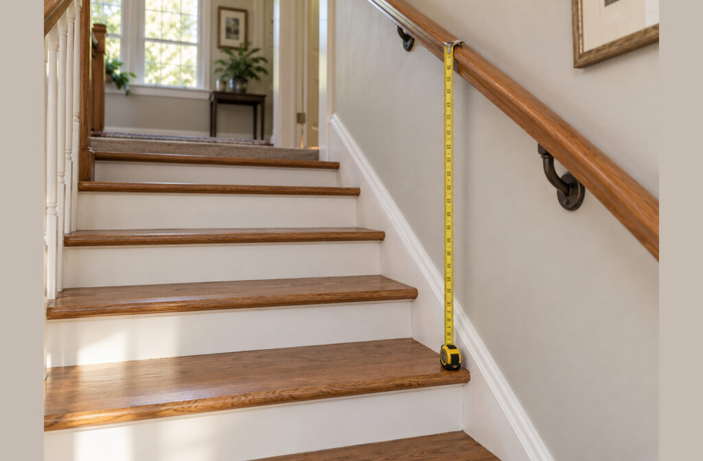 A tape measure hanging from a wooden stair handrail to the step nosing below, showing a measurement of 28 inches and demonstrating how residential stair handrail code height verification works