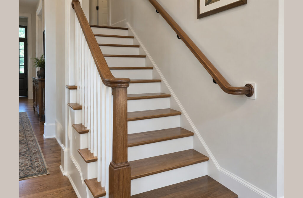 Indoor staircase illustrating handrail vs guardrail: a wall-mounted graspable handrail alongside traditional white balusters forming an open-side guard
