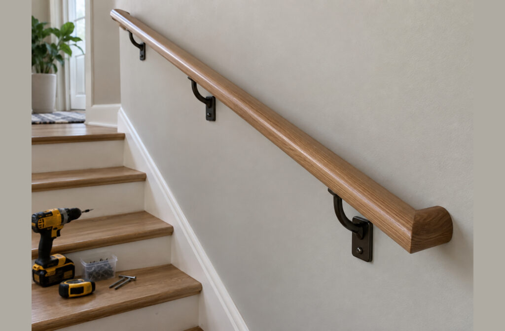 How to install stair handrail hardware: wooden rail secured with dark metal brackets, drill and fastener container visible on the stairs during installation