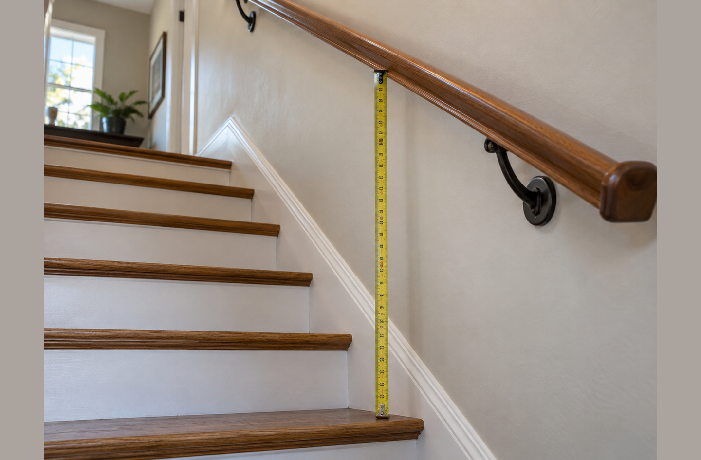 Tape measure on a stair tread showing 38 inches to a wooden handrail, the upper limit of the stair handrail height compliant range