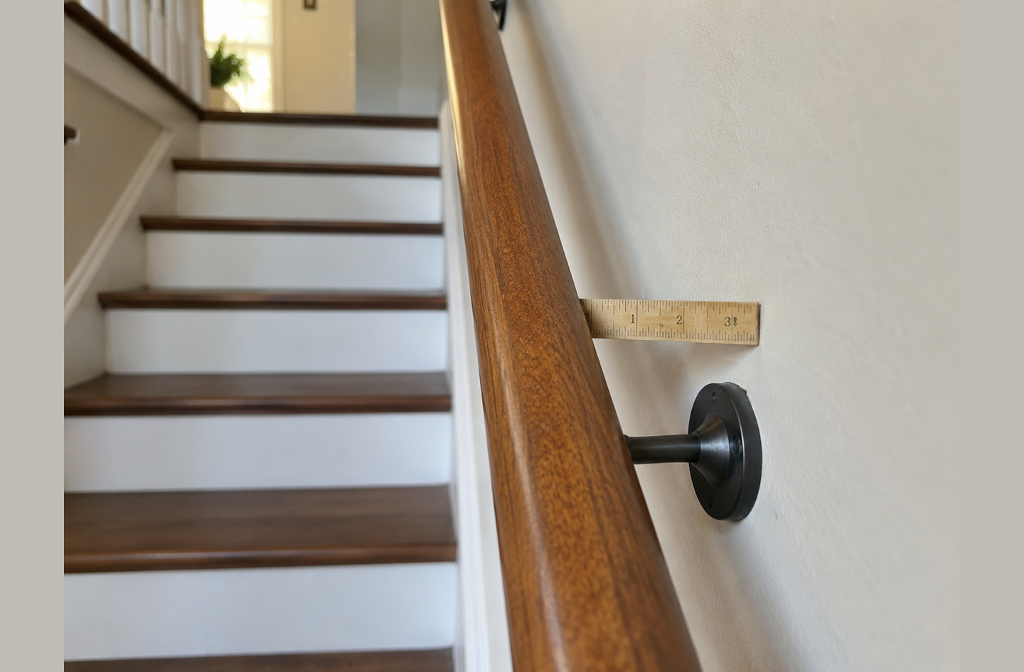 A ruler placed between a wall and a wooden stair handrail bracket showing the clearance gap of approximately 3.5 inches to confirm the 1.5-inch minimum residential stair handrail code requirement