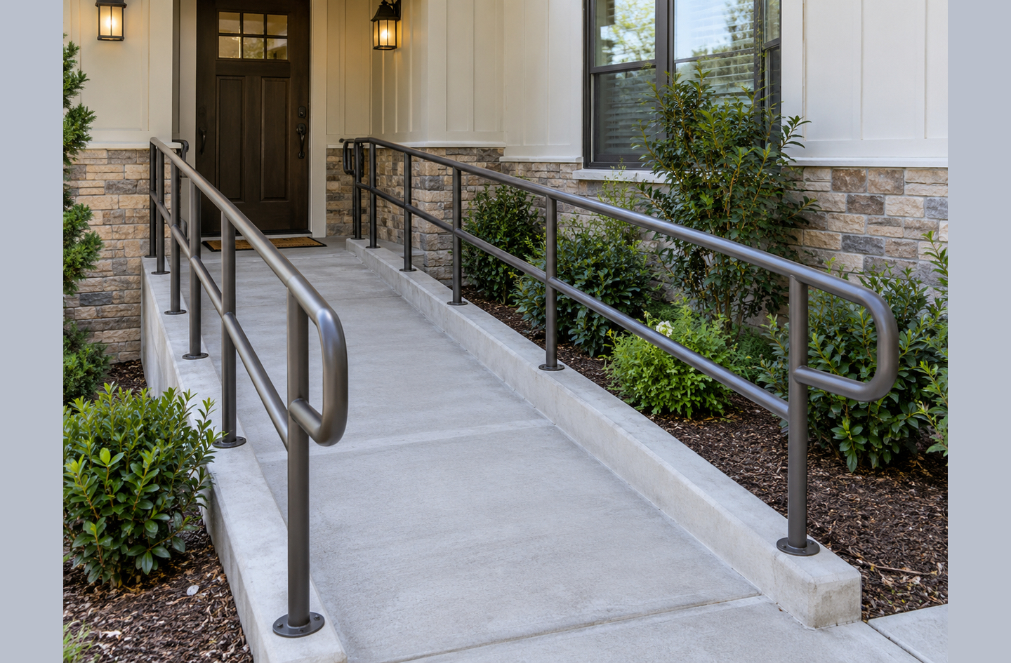 Concrete wheelchair ramp with senior safety handrails on both sides, leading to a residential front door