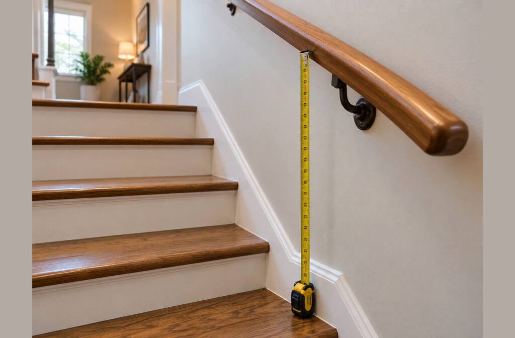 Tape measure standing upright on a wooden stair tread to measure stair handrail height on a wall-mounted wooden rail