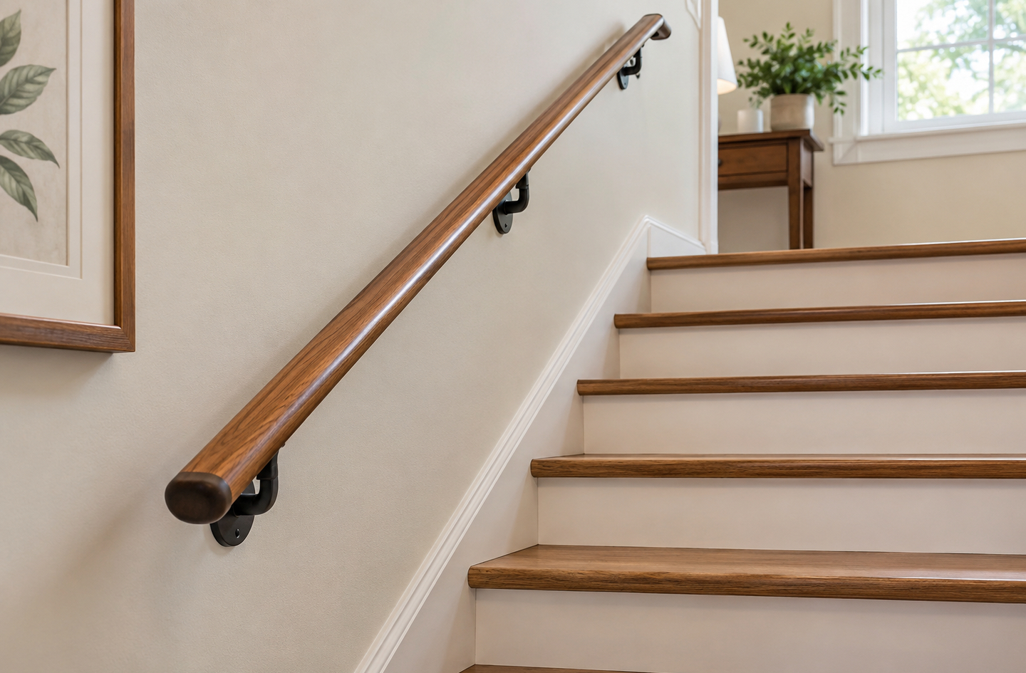 A polished wooden wall-mounted handrail with matte black brackets, showing the graspable round profile that distinguishes a dedicated handrail from a guard system top rail
