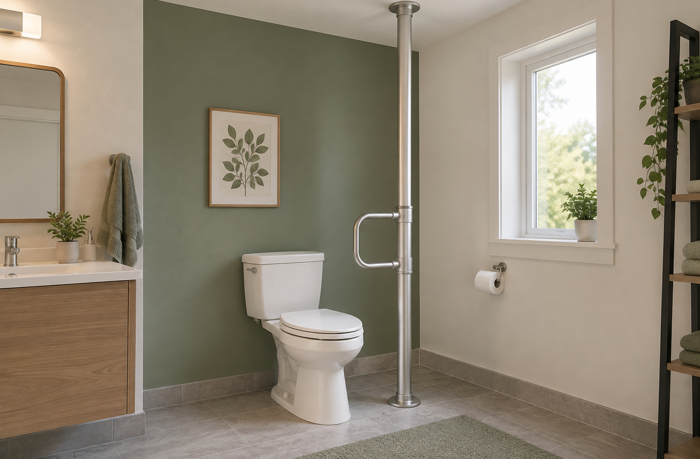 A floor-to-ceiling toilet safety pole with an attached horizontal grab bar installed beside a toilet in a bathroom with sage green walls