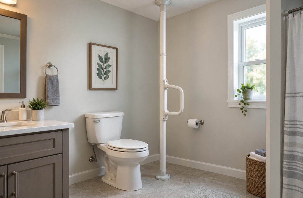 A floor-to-ceiling toilet safety pole with an adjustable horizontal grab bar installed beside a toilet in a light-toned bathroom