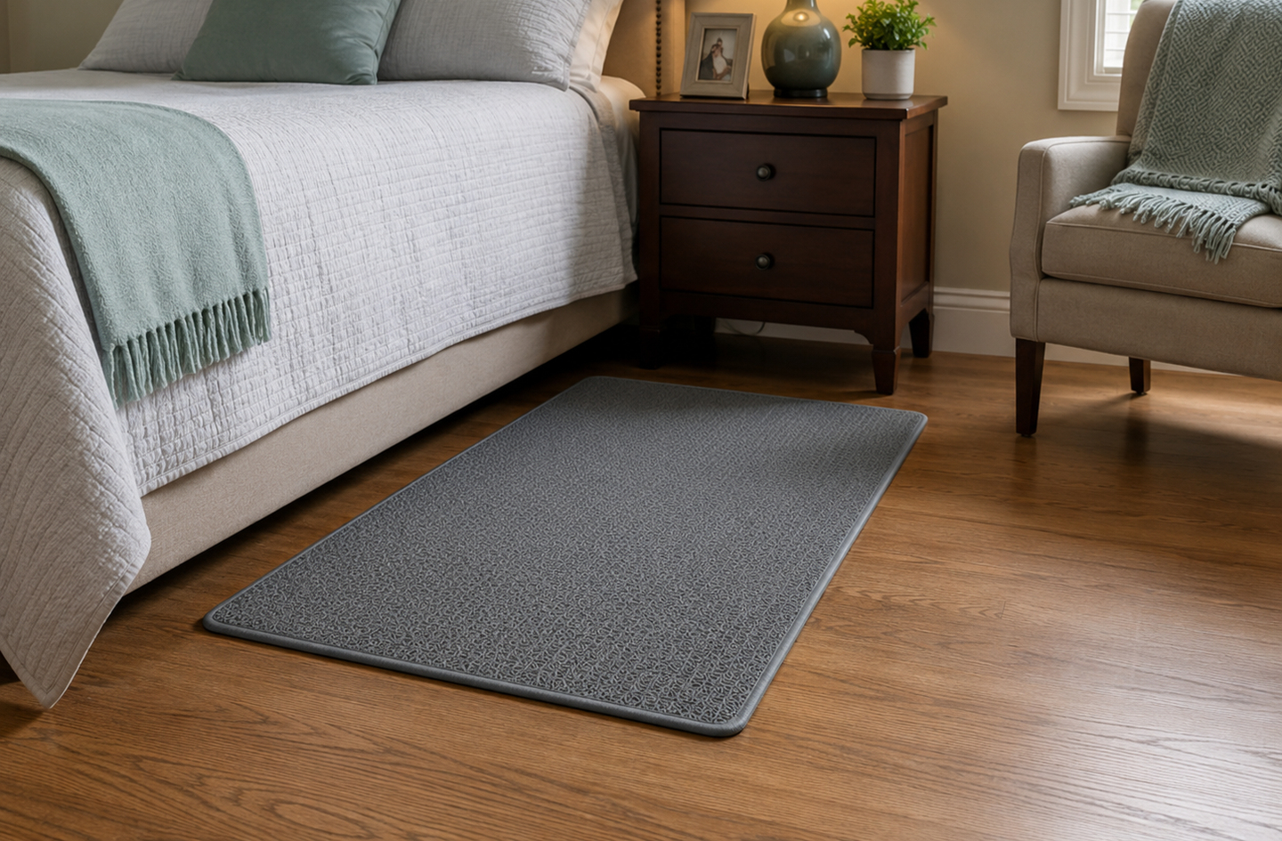 A dark grey non slip rugs for elderly bedroom use lies flat on hardwood floor beside a bed in a warmly lit room, marking the nighttime path between the bed and the door where backing grip and edge security matter most.