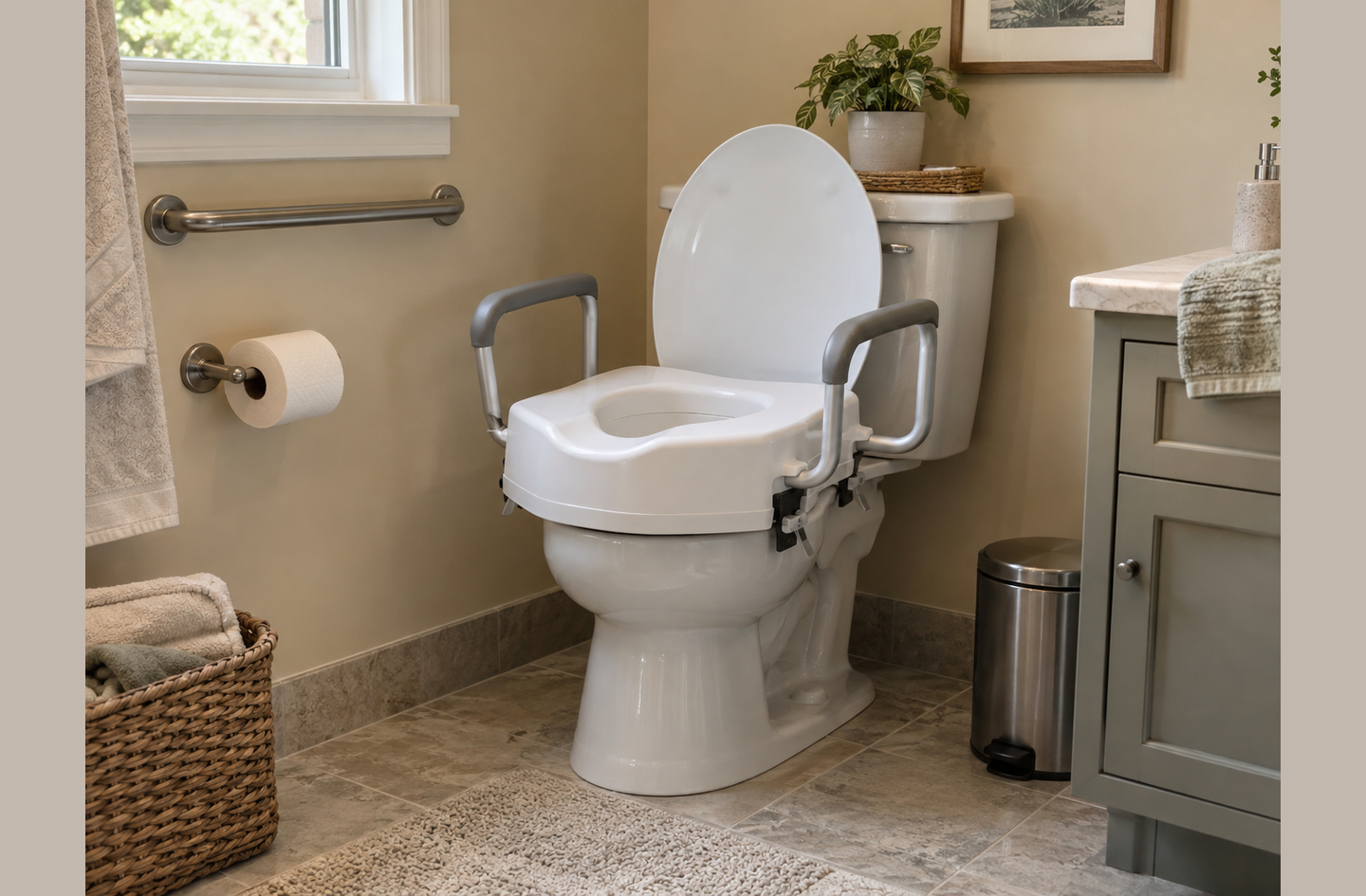Raised toilet seat with handles installed on a white porcelain toilet beside a wall-mounted grab bar, showing integrated support arms for aging-in-place transfers