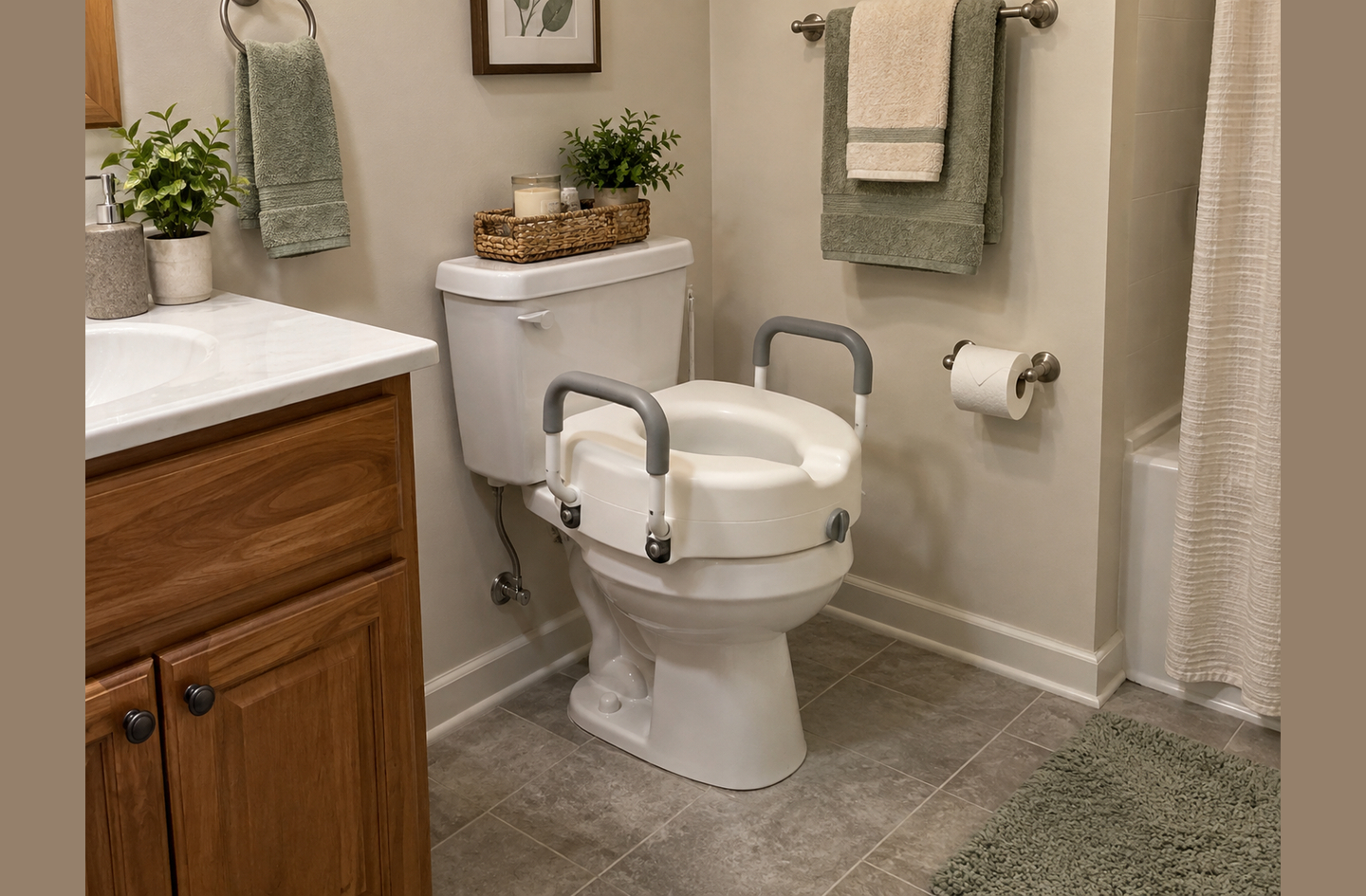 An 8-inch raised toilet seat with attached safety handles showing gray support arms installed on a white toilet beside a wooden vanity