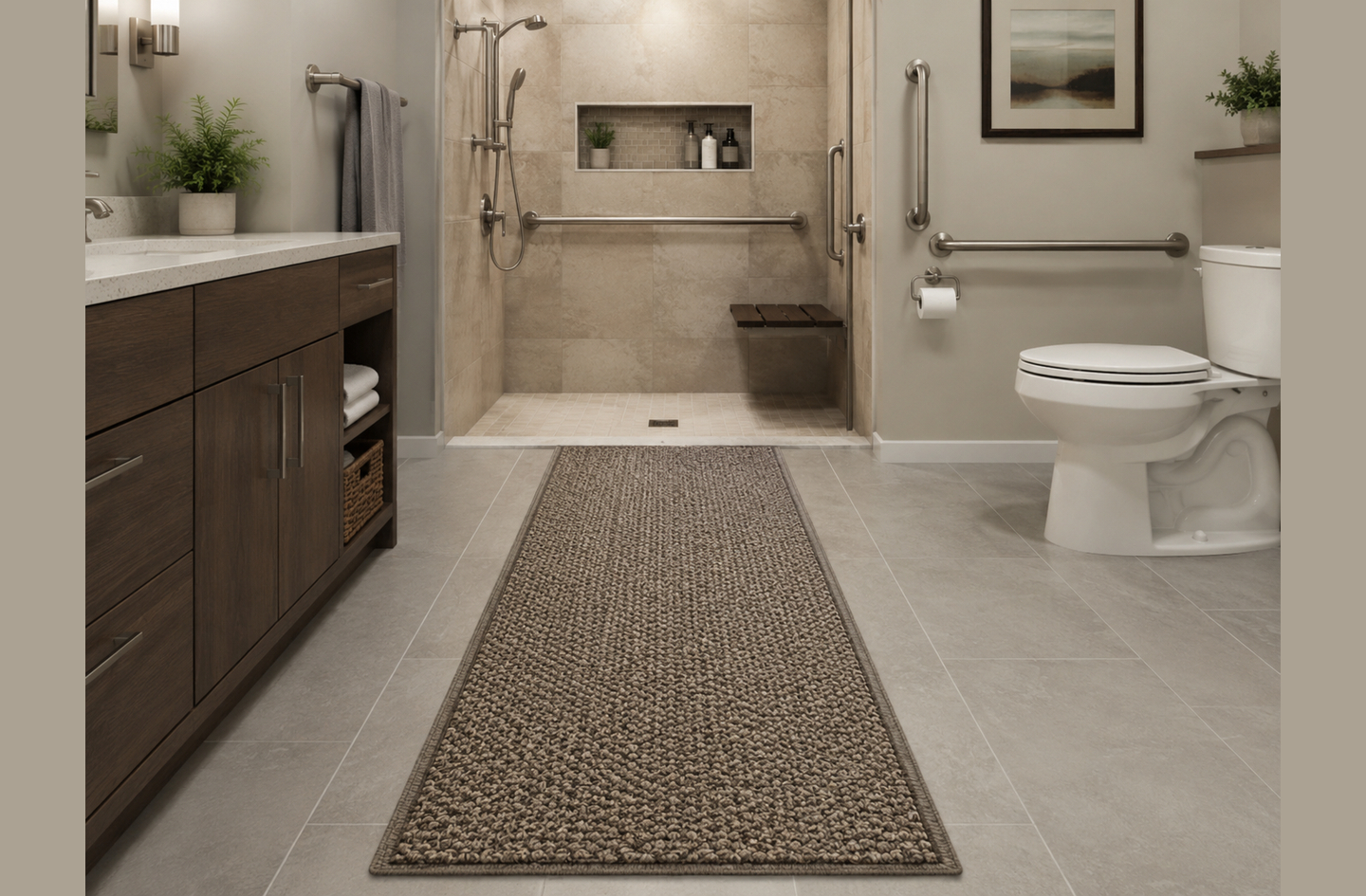 A long textured runner rug on tile flooring in an accessible bathroom alongside a walk-in shower with a folding bench and grab bars