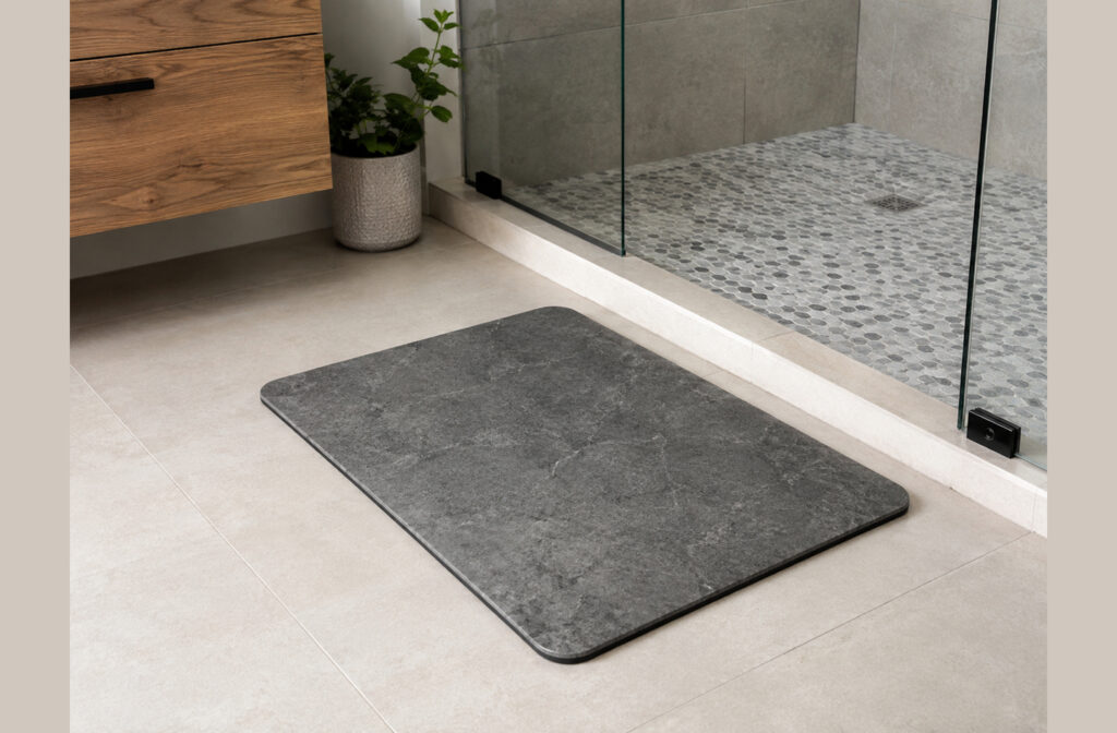 A non slip shower mat for seniors on light tile directly in front of a glass-enclosed shower showing the key entry and standing zone placement
