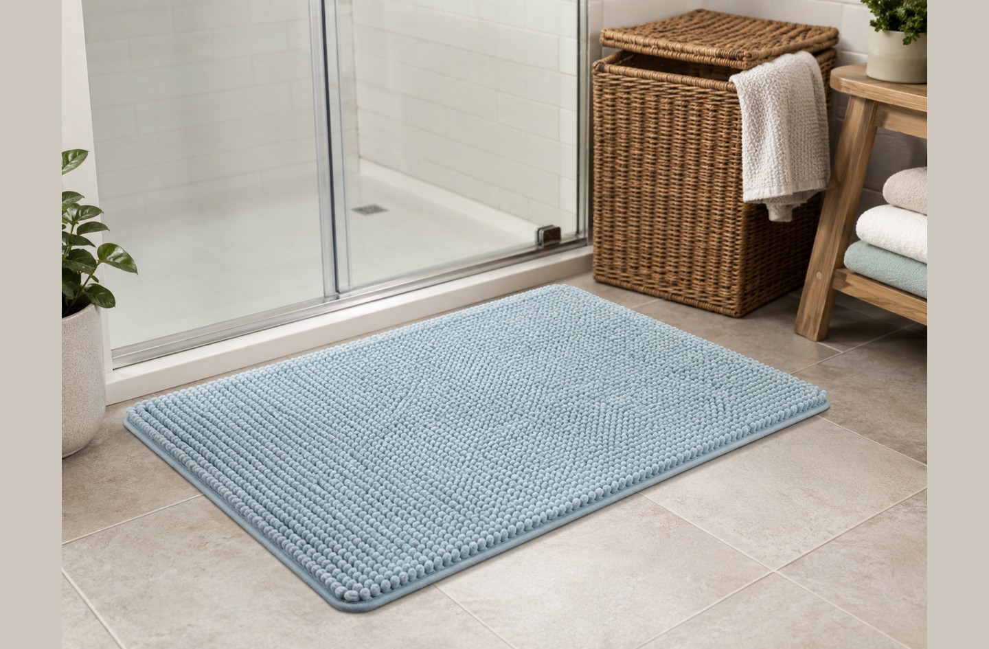 A light blue textured anti-slip bath mat placed flat on tiled bathroom flooring in front of a glass shower enclosure, next to a wicker hamper and wooden shelving.