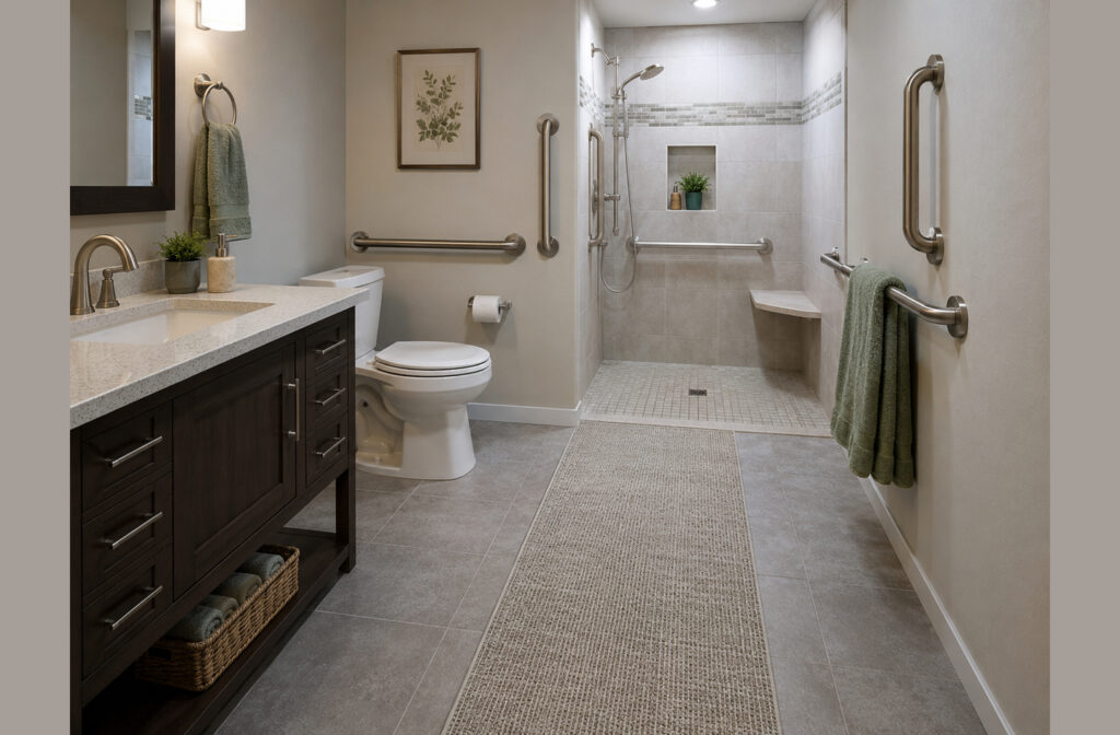 Accessible bathroom with slip-resistant flooring, walk-in shower with corner seat, grab bars, and quartz vanity designed for aging in place