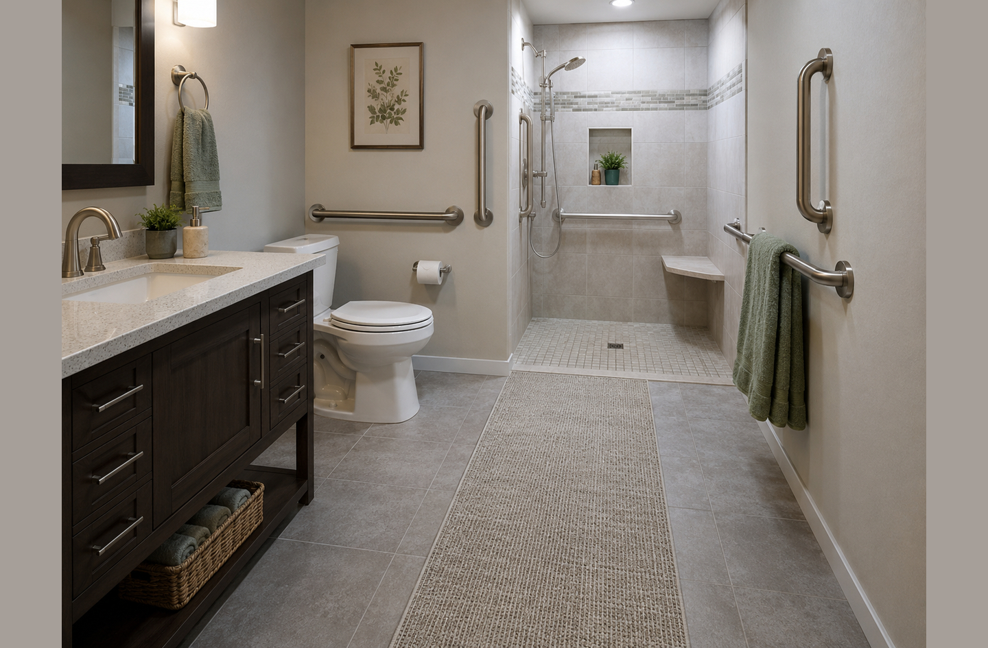 Accessible bathroom with slip-resistant flooring, walk-in shower with corner seat, grab bars, and quartz vanity designed for aging in place