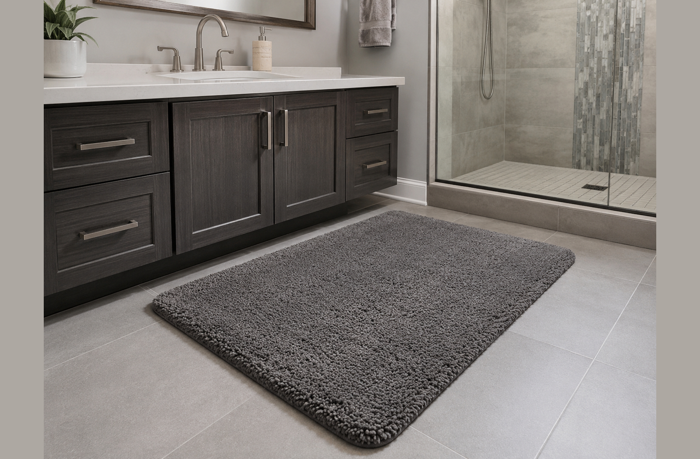Gray shaggy anti slip bathroom rugs on light-colored tile in front of a dark wood vanity, showing a typical bathroom rug installation with backing in full floor contact.