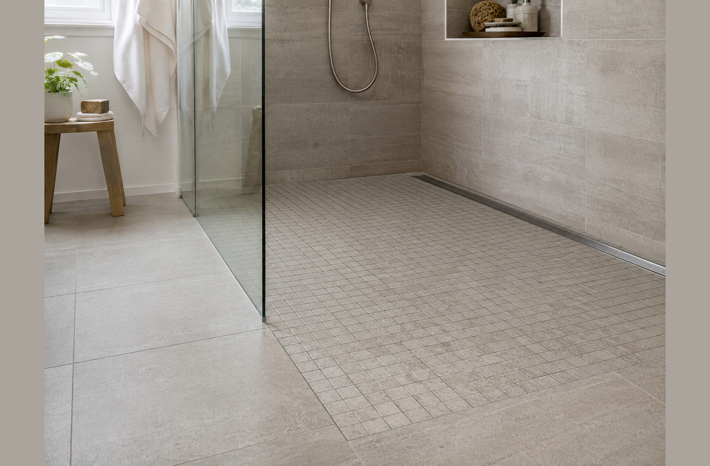 Bathroom with slip-resistant flooring transitioning from large-format main floor tiles to mosaic tiles in a curbless shower with linear drain