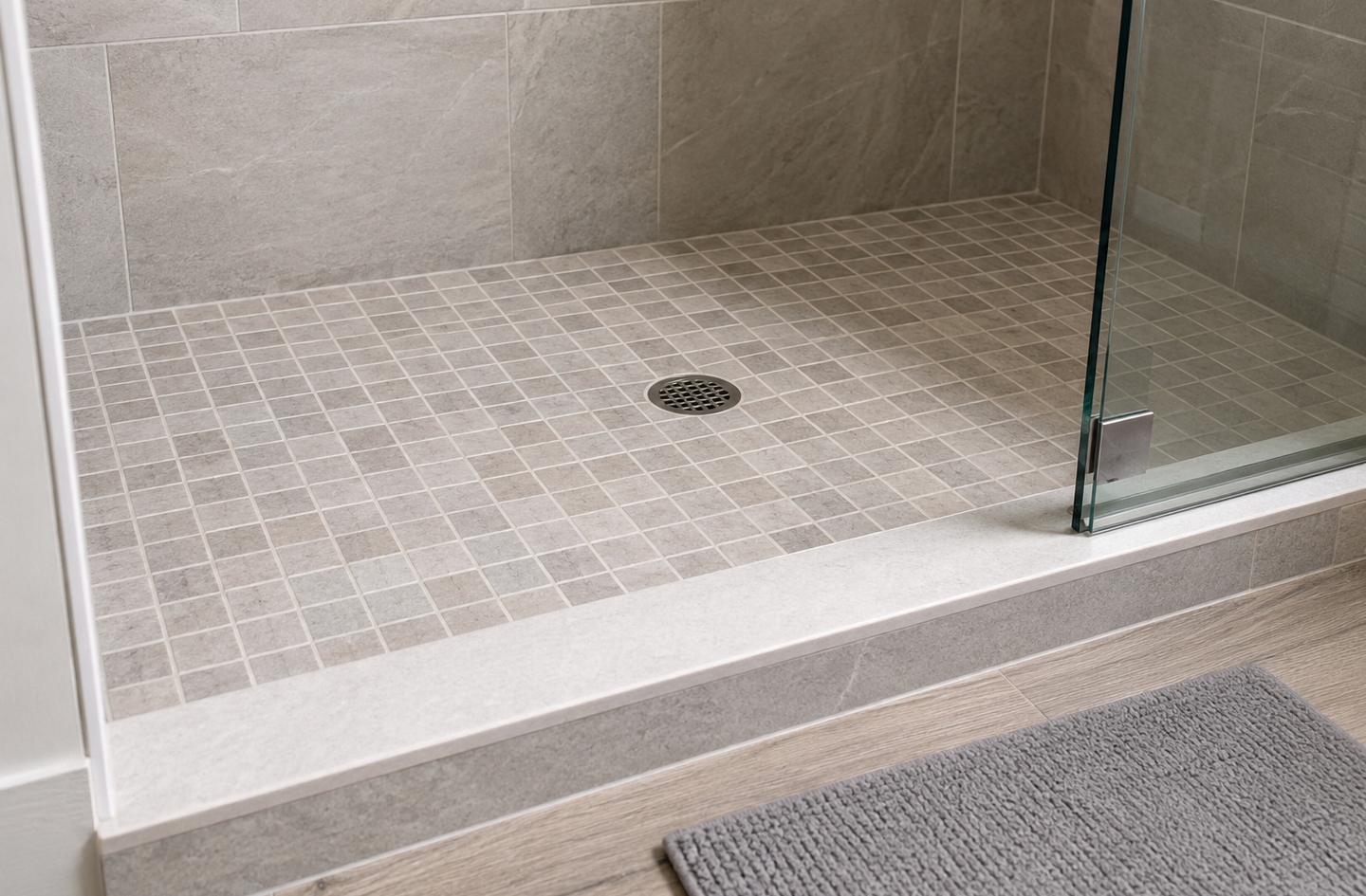 Walk-in shower with slip-resistant mosaic tile flooring next to a wood-look vinyl floor with a bath mat showing two different surface types meeting at a low threshold