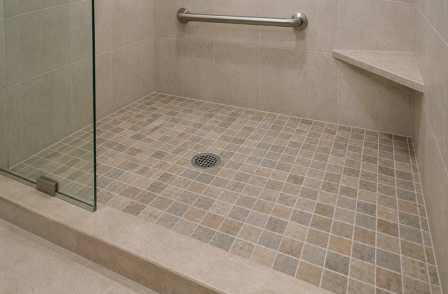 Walk-in shower featuring textured mosaic tiles demonstrating how to make tile floor less slippery through surface patterning, with grab bar and built-in corner seat