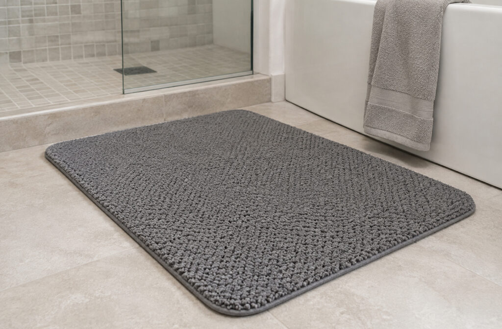A gray textured non slip bath mat on light tile floor positioned between a glass-enclosed shower and a white bathtub