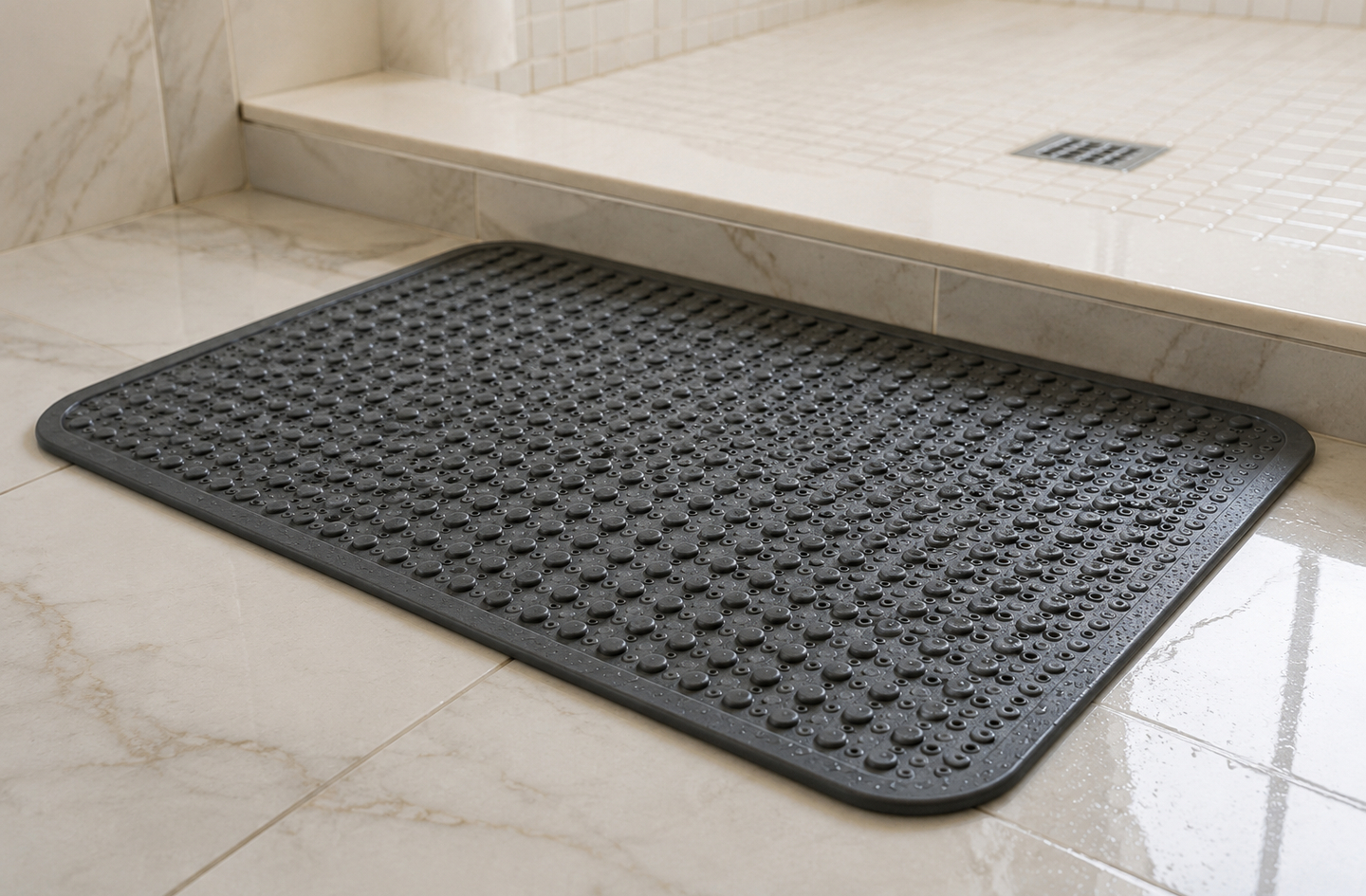 A 40-inch slip-resistant floor mat placed on marble tile directly in front of a shower entrance, demonstrating extended coverage across the entry and standing zones