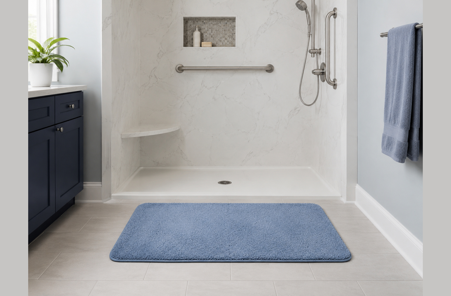 A walk-in shower with slip-resistant flooring, a mounted grab bar, a built-in corner seat, and a handheld shower head illustrating bathroom home safety features for seniors