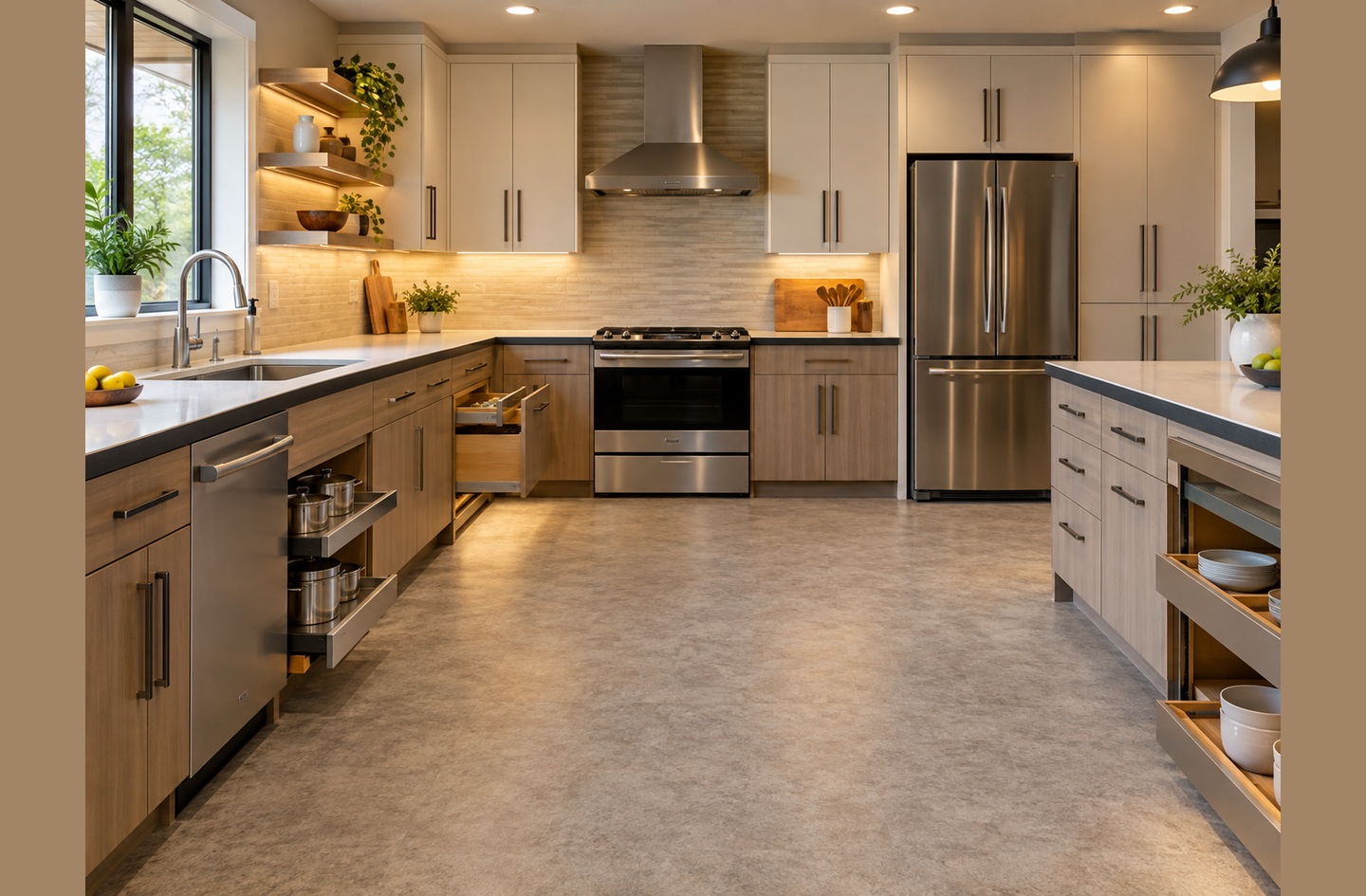 Accessible kitchen design with wide pathways and base cabinets fitted with pull-out storage, a slide-out dishwasher rack and a shallow drawer.