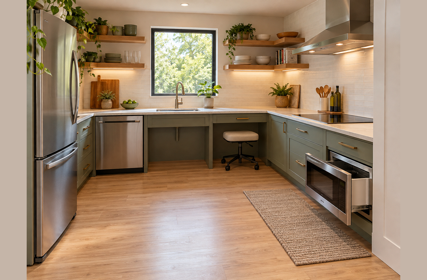 Accessible kitchen design with low-profile counters, a wheelchair-accessible sink area and a roll-under workspace with a rolling stool