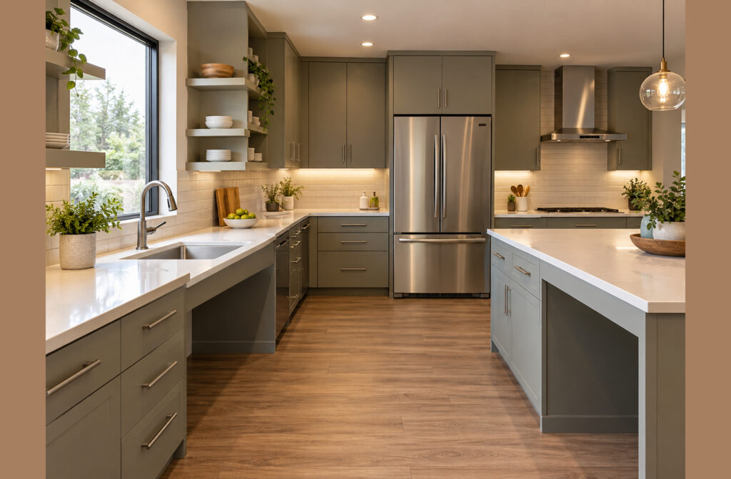 A wheelchair accessible kitchen sink set into a lowered countertop with open knee space beneath it, in an open kitchen with sage green cabinets and a central island.