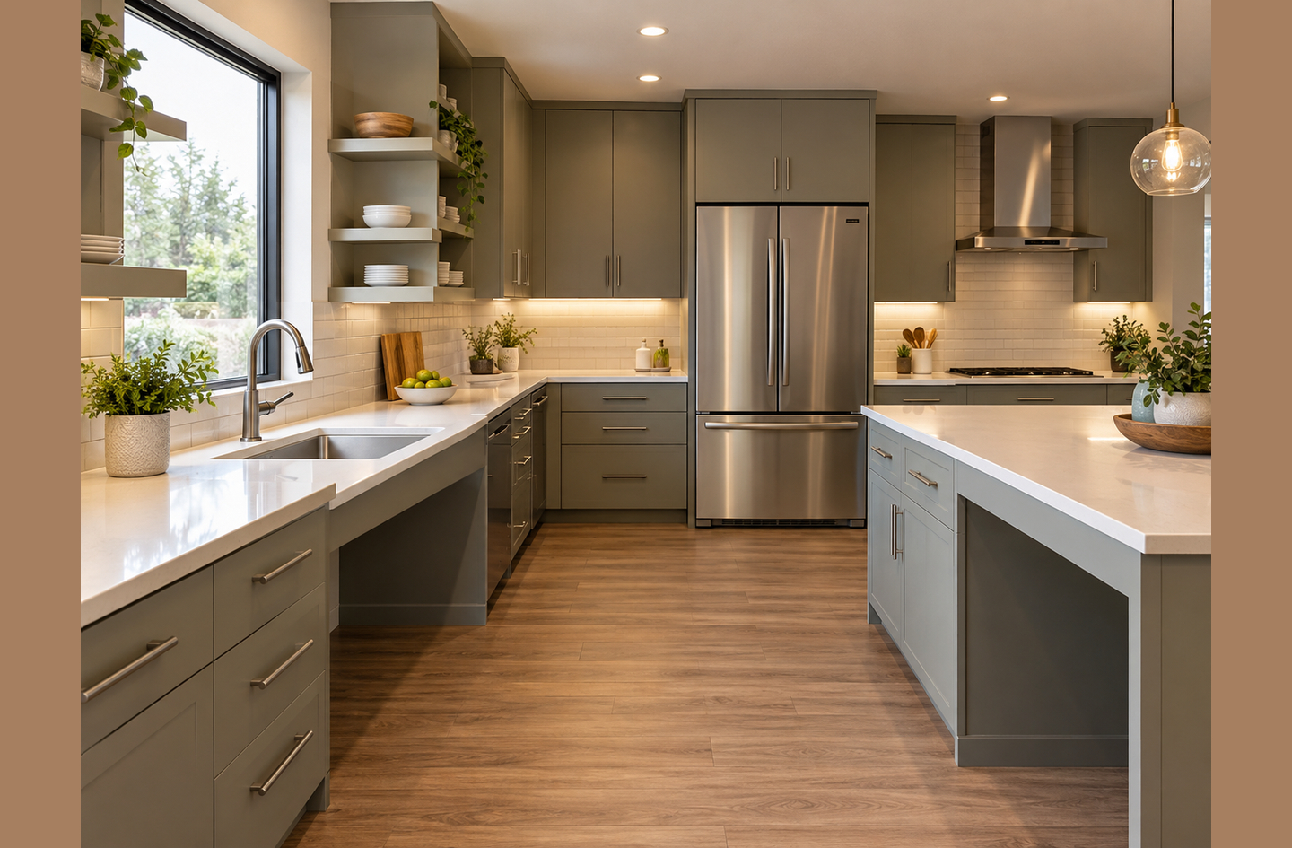 A wheelchair accessible kitchen sink set into a lowered countertop with open knee space beneath it, in an open kitchen with sage green cabinets and a central island.