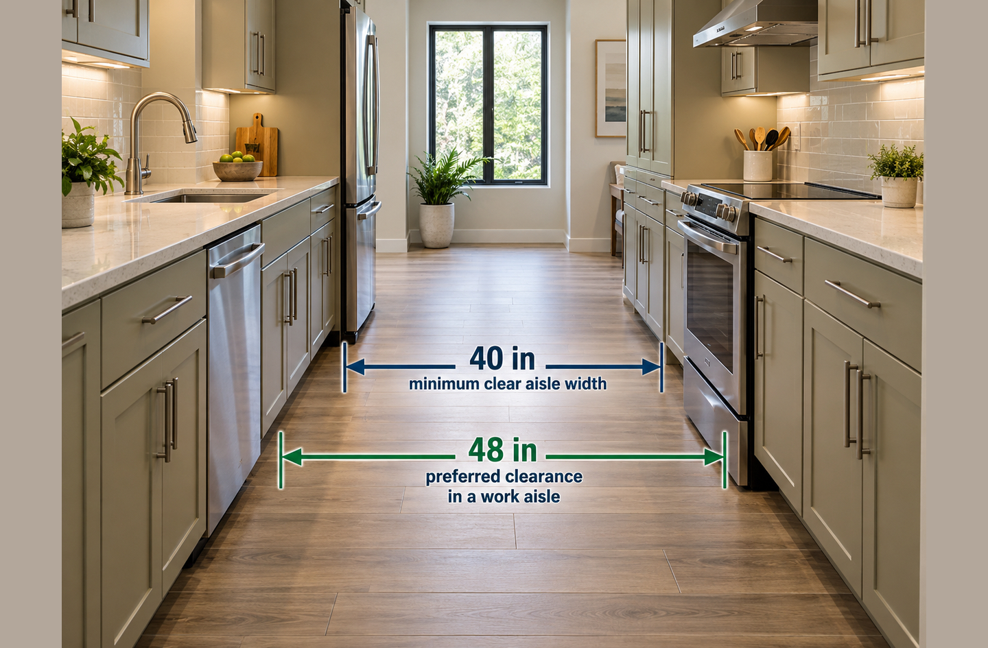 A kitchen work aisle between sage green cabinets and stainless steel appliances, with an overlay marking a 40-inch minimum clear width and a 48-inch preferred clearance.