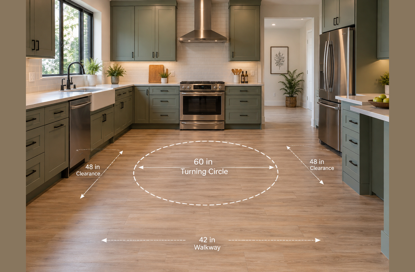 Accessible kitchen design floor plan with sage green cabinetry, a stainless steel range, a farmhouse sink, a turning circle and marked clearance zones