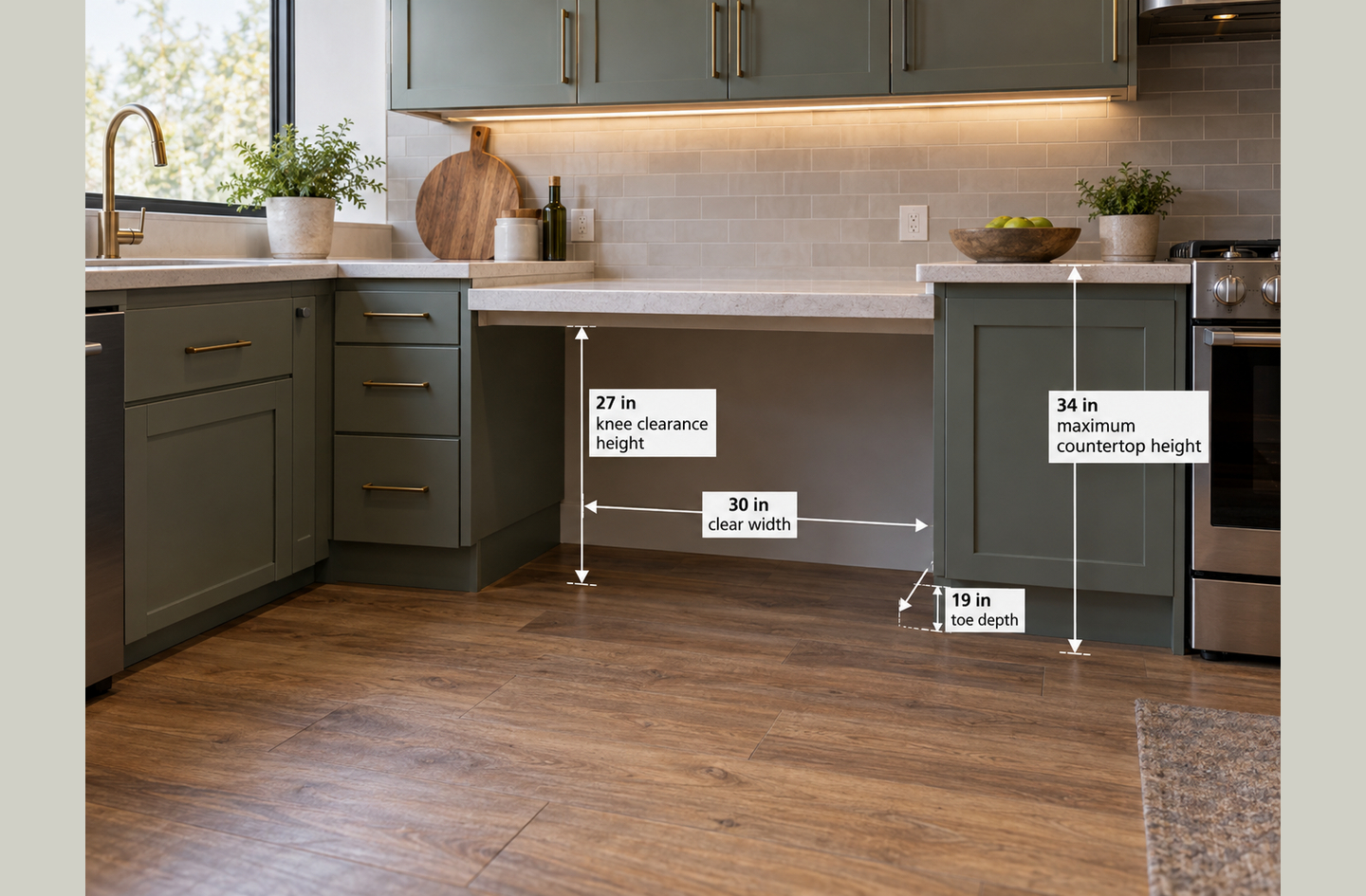 Wheelchair accessible counter height shown on a kitchen workstation: a lowered countertop at 34 inches maximum with open knee space 27 inches high and 30 inches wide beneath it.