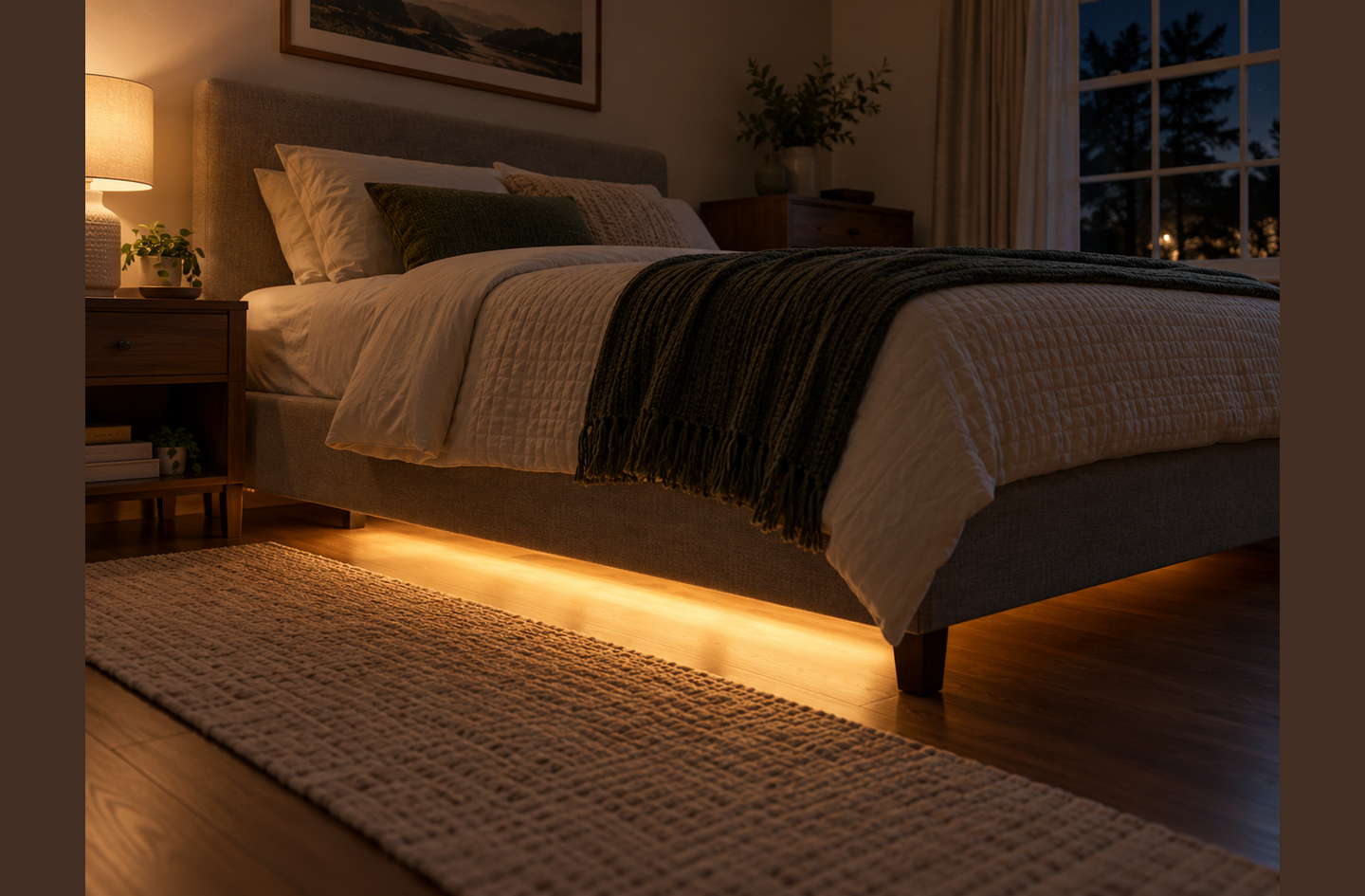 An under-bed LED strip along the base of the bed frame casts soft, warm light on the bedroom floor beside the bed.