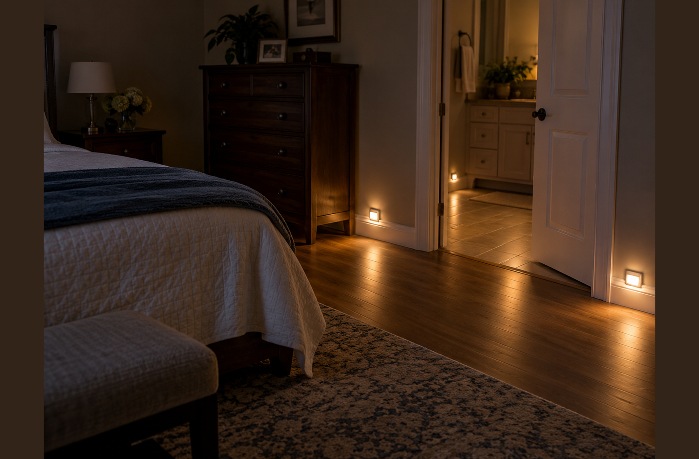 Warm wall-mounted night lights for seniors light the floor from the bedside to the bathroom doorway in a dim bedroom.