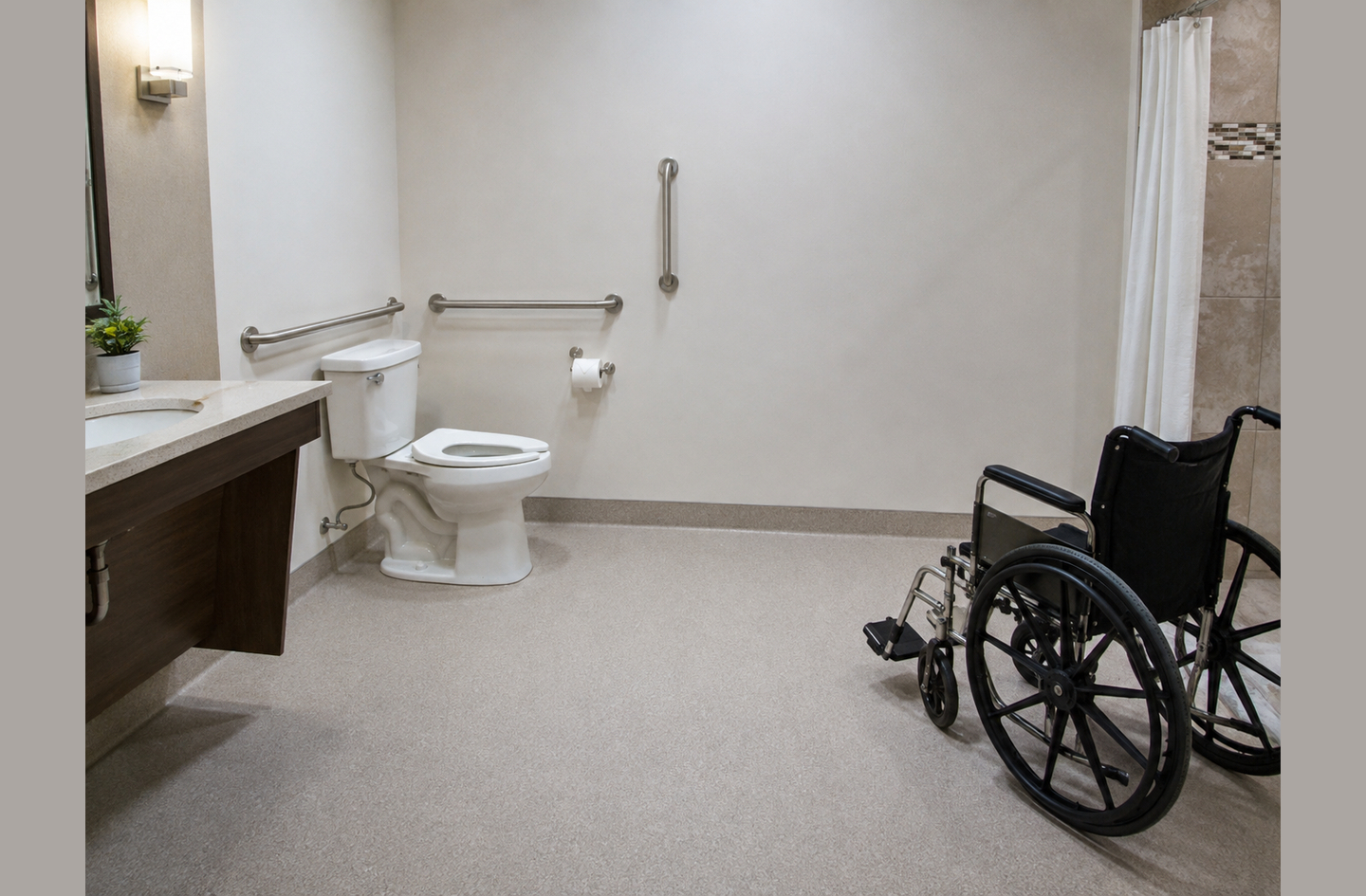 Accessible bathroom with wall-mounted grab bars beside the toilet and a wheelchair positioned in the open floor space, showing clearance for movement.