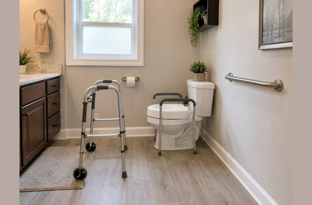 Toilet transfer safety setup: a raised toilet seat with sturdy armrests beside a wall grab bar, with a walker parked within reach