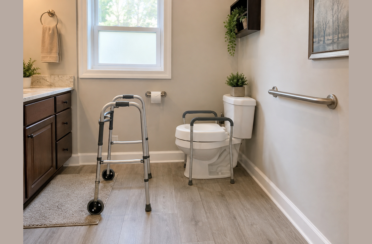 Toilet transfer safety setup: a raised toilet seat with sturdy armrests beside a wall grab bar, with a walker parked within reach