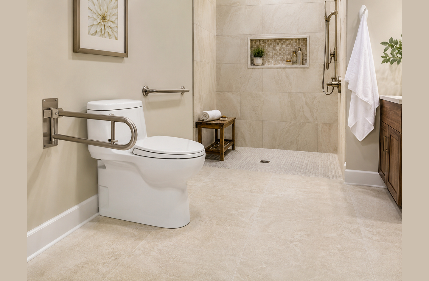 An accessible bathroom with a sturdy wall-mounted swing-up grab bar beside the toilet and a tiled walk-in shower area with a wooden bench.