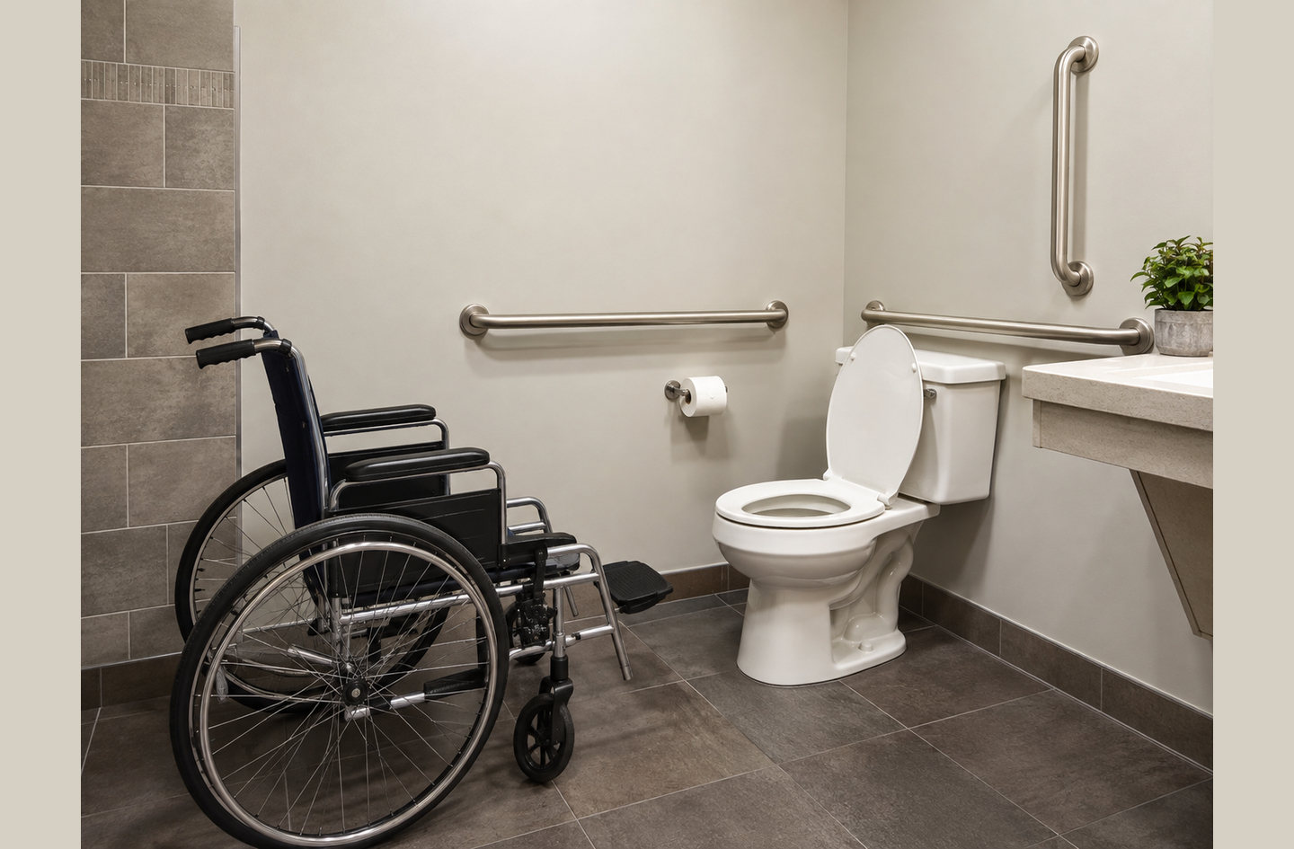 Wheelchair toilet transfer clearance: a wheelchair parked beside an accessible toilet with grab bars and open floor space